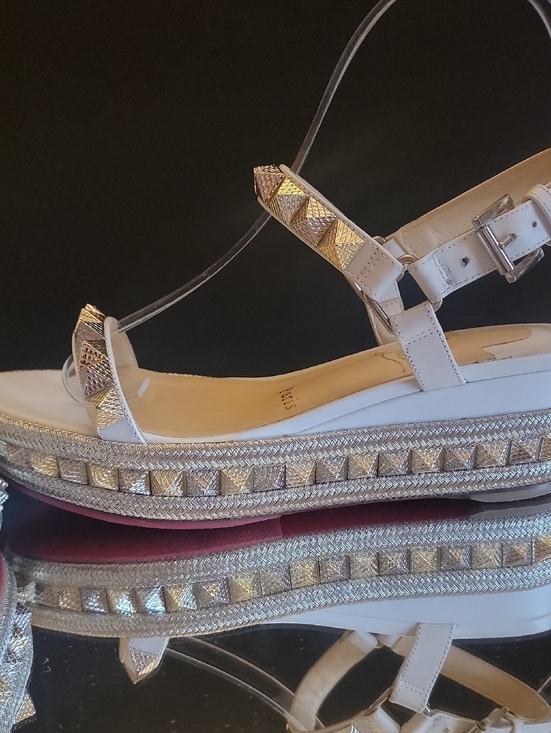 Christian Louboutin Shoes - Christian Louboutinn White Kid Leather  Studded Sandals with Gold Accents Sz36